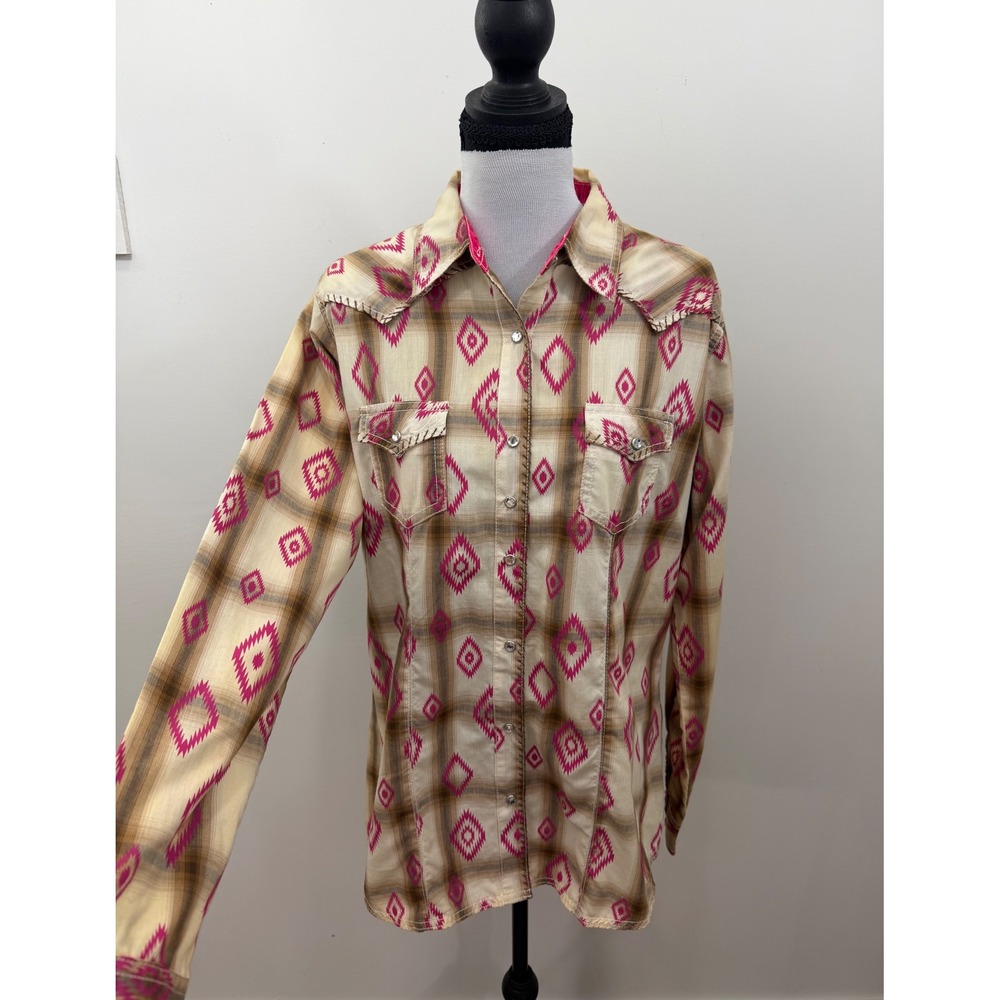 Rock 47 by Wrangler Womens Pink Ikat Plaid Western Snap Shirt Large WTLH52353